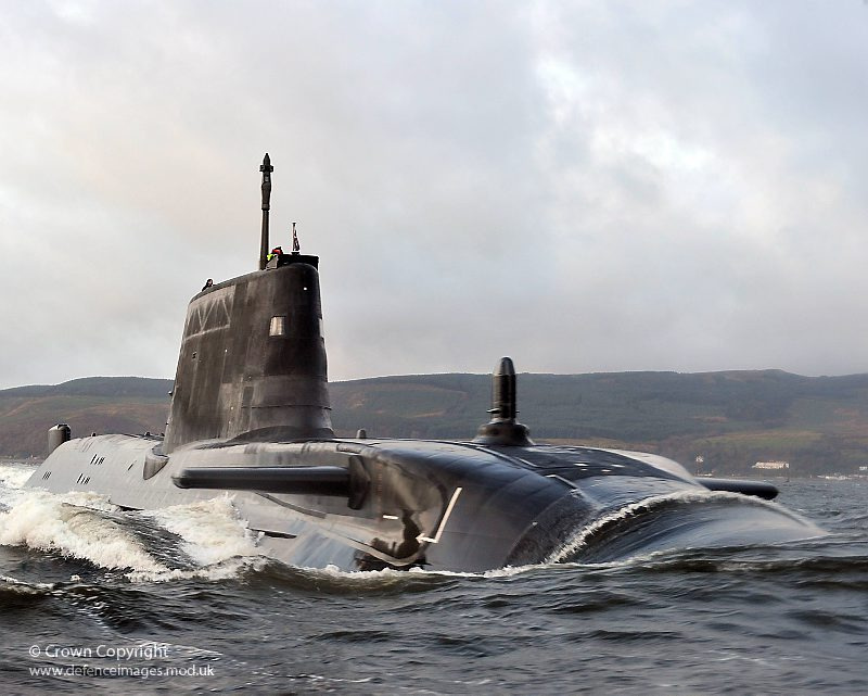 Royal Navy submarine HMS Astute sails up the Clyde estuary into her home port of Faslane, Scotland for the first time. Source: Defense Images.