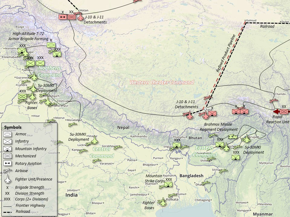 Sino-Indian Border Deployments (Units located via IHS Jane’s Database August 2016. Does not include paramilitary units, People’s Armed Police (PAP), or infrastructure still under construction). Graphical construction superimposed on Google Maps.