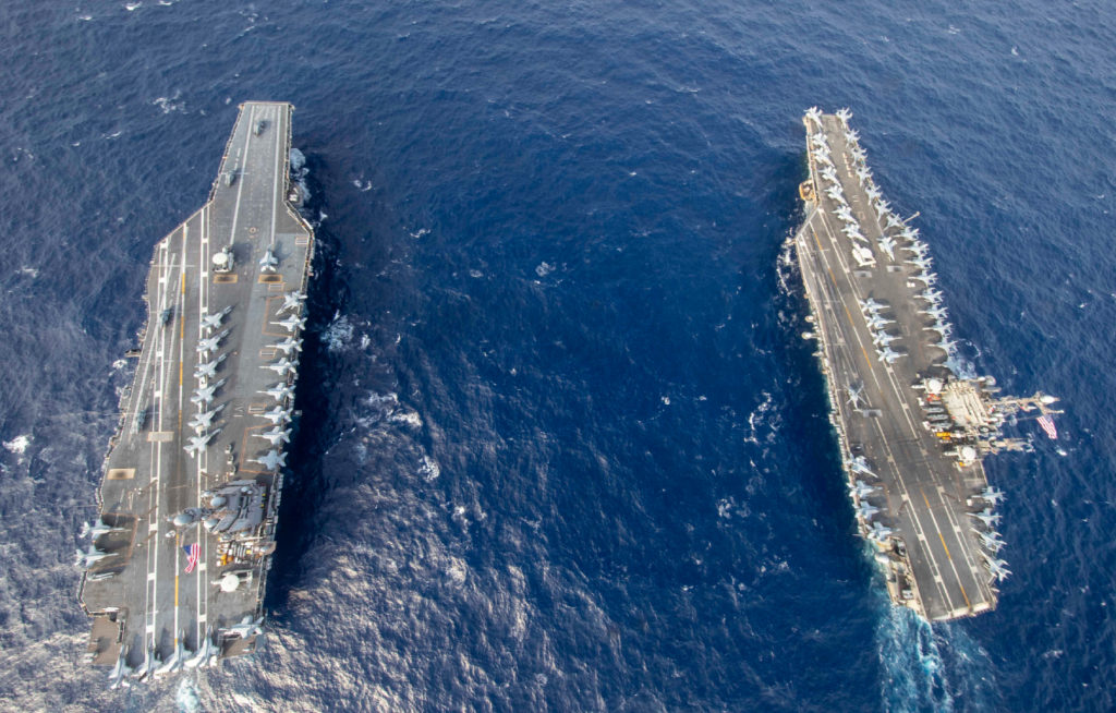 Overhead_view_of_USS_Gerald_R._Ford_CVN-78_and_USS_Harry_S._Truman_CVN-75_in_the_Atlantic_Ocean_on_4_June_2020_200604-N-OH637-1453