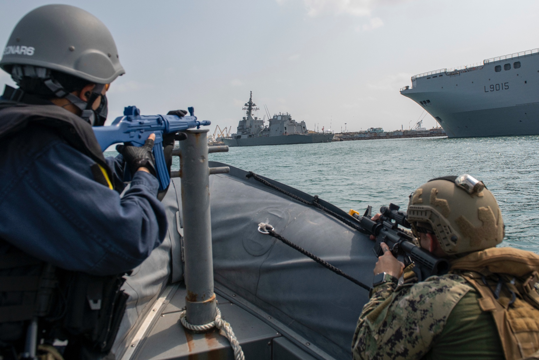 Members of the U.S. Navy’s Maritime Expeditionary Security Squadron 8, the Djiboutian Navy, and the Japan Maritime Self-Defense Force participated in a trilateral training engagement aboard the Japanese destroyer JS Suzutsuki
