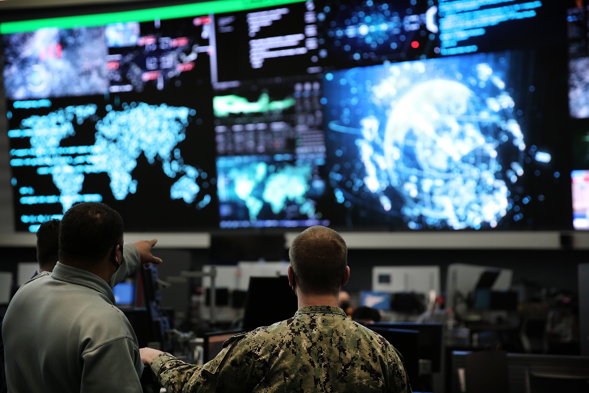 U.S. Cyber Command members work in the Integrated Cyber Center, Joint Operations Center at Fort George G. Meade, Md