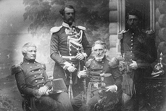 U.S. Military Commission to Crimea. Four military officers, left to right: Alfred Mordecai; Lt. Colonel Obrescoff [Obrezkov], their Russian escort; Richard Delafield; and George B. McClellan.