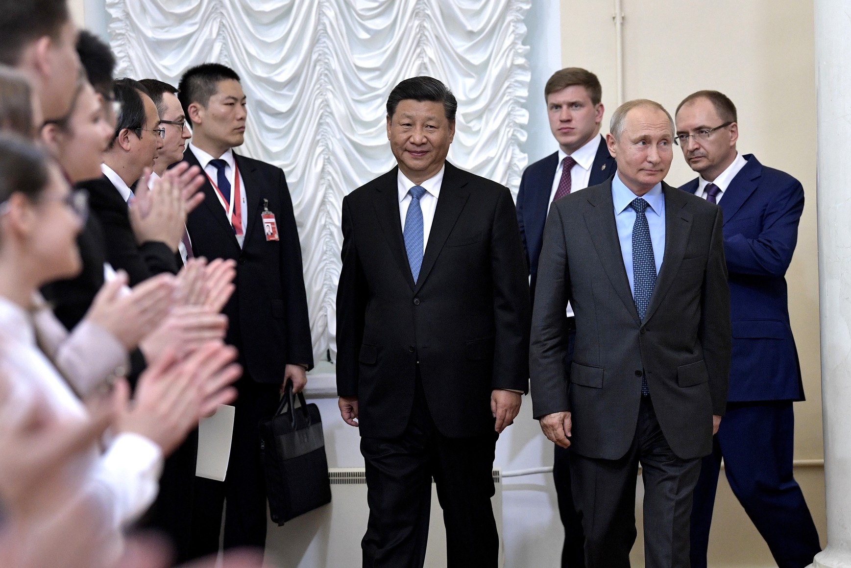 Chinese leader Xi Jinping and Russian leader Vladimir Putin at the Saint Petersburg State University during Xi's visit to Russia in June 2019.