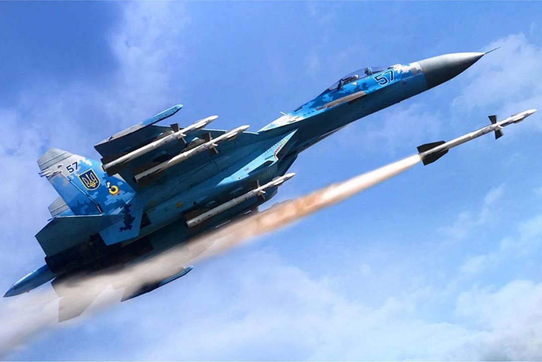 A Ukrainian Air Force Su-27 fires a missile
