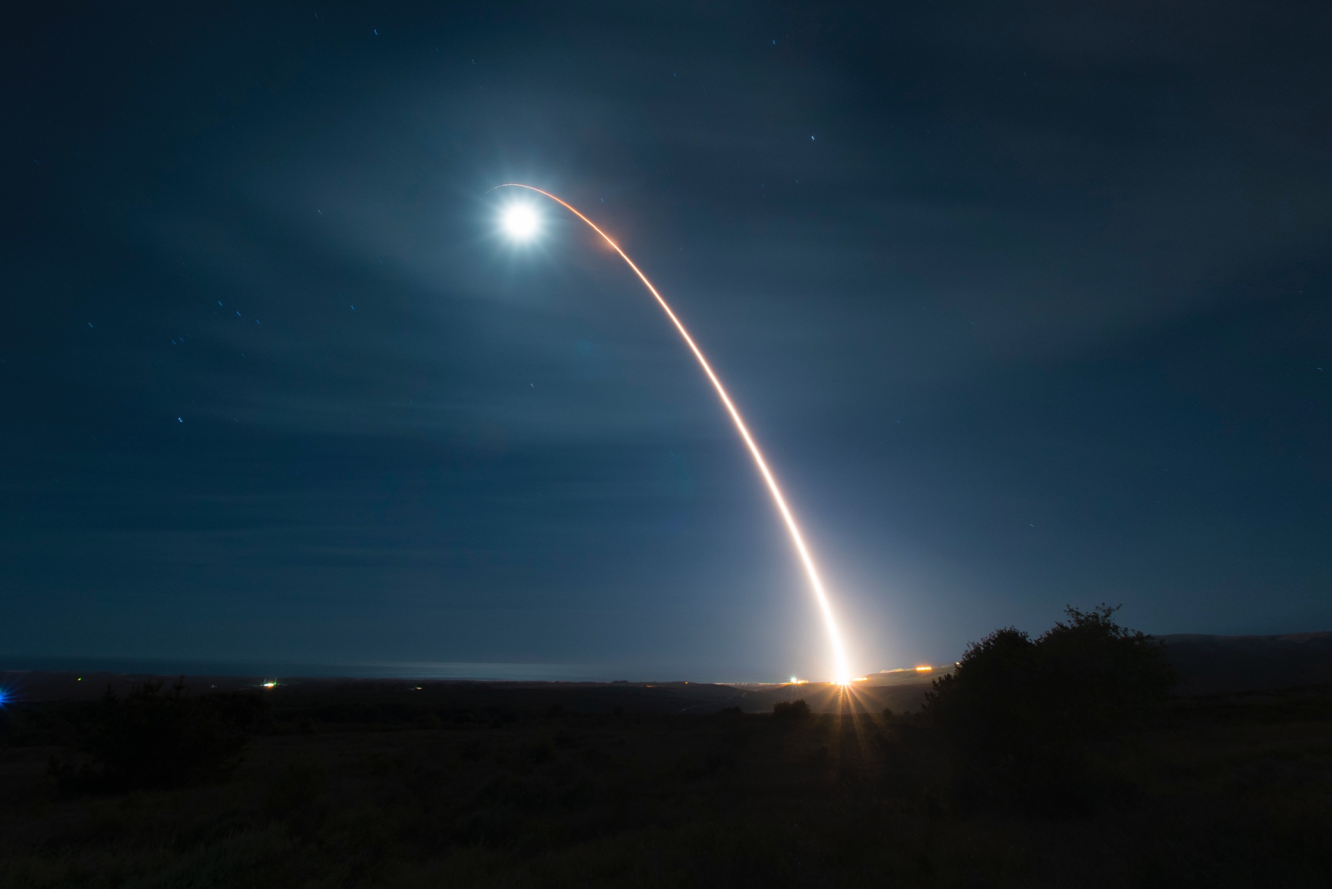 An unarmed Minuteman III intercontinental ballistic missile launches during a developmental test at 12:33 a.m. Pacific Time Wednesday, Feb. 5, 2020, at Vandenberg Air Force Base, Calif