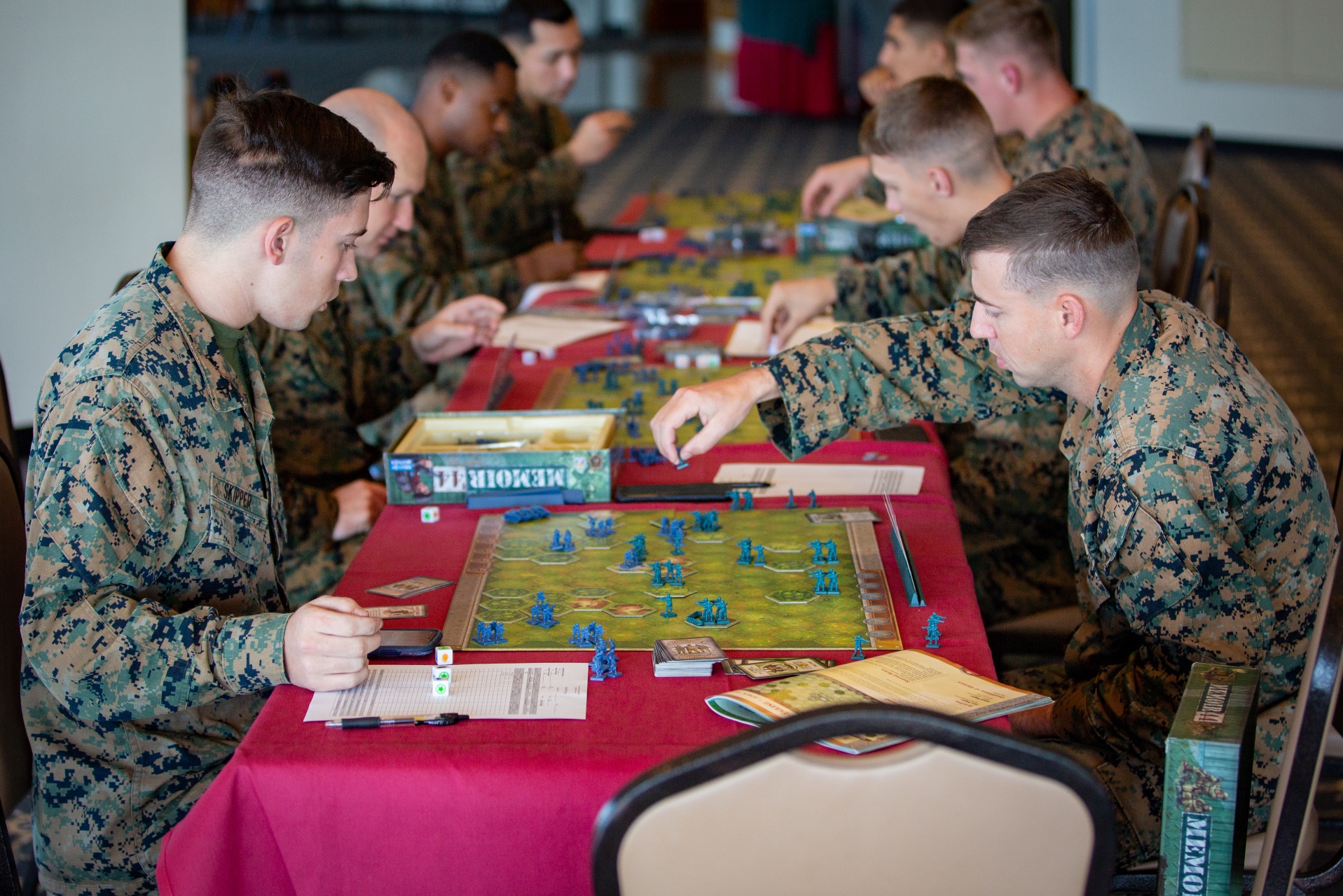 U.S. Marines with 3rd Marine Division play a game of Memoir 44’ on Camp Schwab, Okinawa, Japan, Dec. 10, 2019. Memoir 44’ is a war-themed strategy board game based on historical World War II battles.