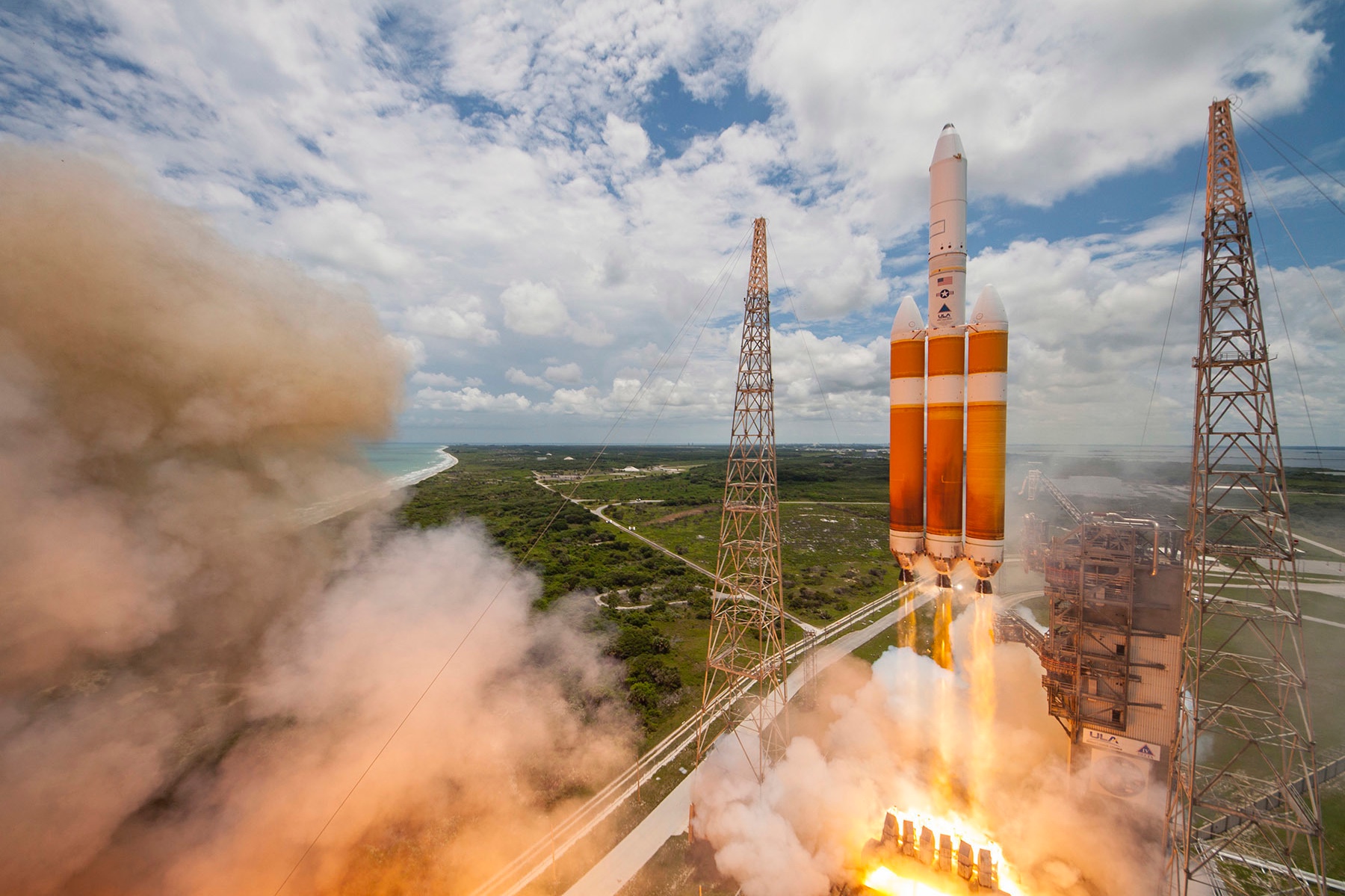 A United Launch Alliance Delta IV-Heavy rocket lifts off from Space Launch Complex 37B at Cape Canaveral Air Force Station, Florida