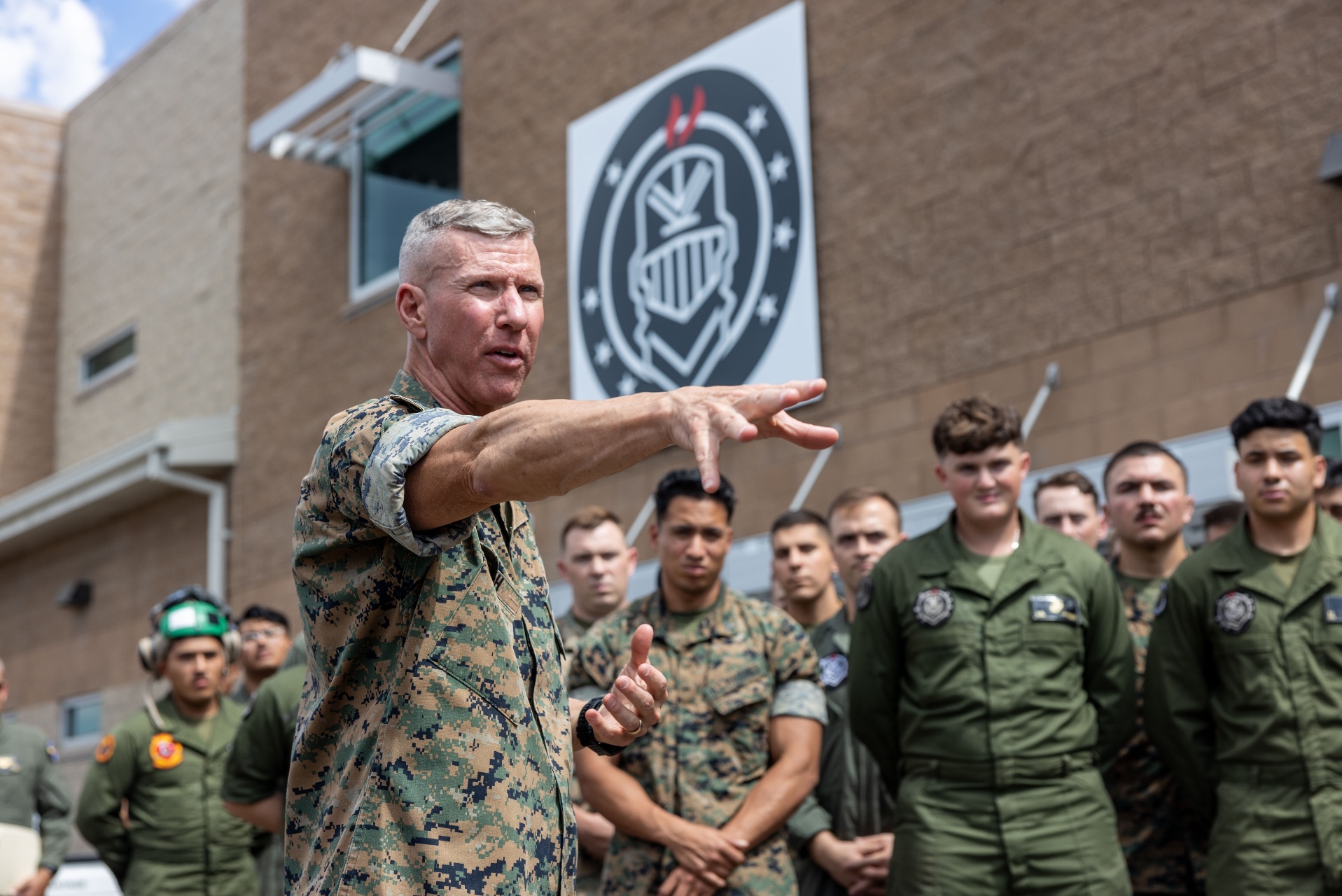 The 36th Assistant Commandant of the Marine Corps, Gen. Eric M. Smith, speaks with Marines from Marine Fighter Attack Squadron 314, Marine Aircraft Group 11, 3rd Marine Aircraft Wing, on Marine Corps Air Station Miramar, California, August 16, 2023.