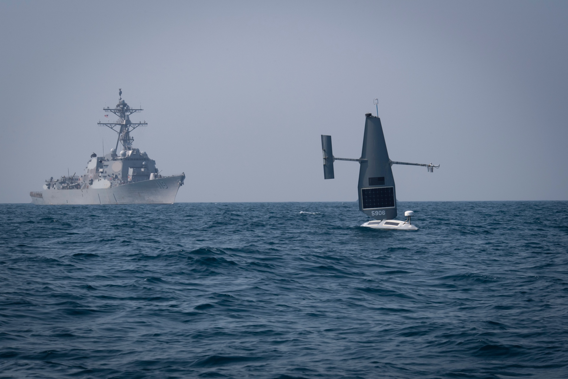 Saildrone Explorer unmanned surface vessel (USV) operates with guided-missile destroyer USS Delbert D. Black (DDG 119) in the Arabian Gulf during exercise Phantom Scope, Oct. 7.