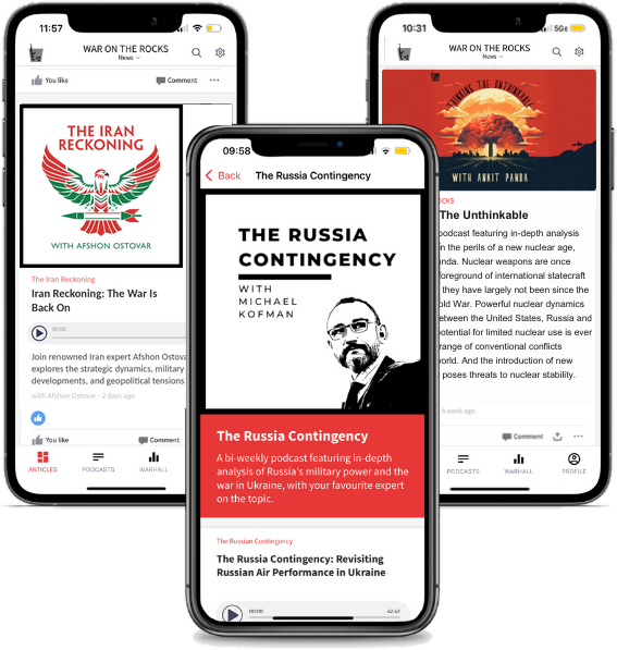 The War on the Rocks app shown on three phones